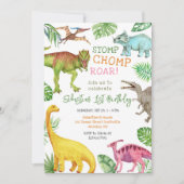 Dino Stomp Chomp Brul Verjaardagsfeestje  Kaart (Voorkant)