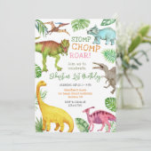 Dino Stomp Chomp Brul Verjaardagsfeestje  Kaart (Staand voorkant)