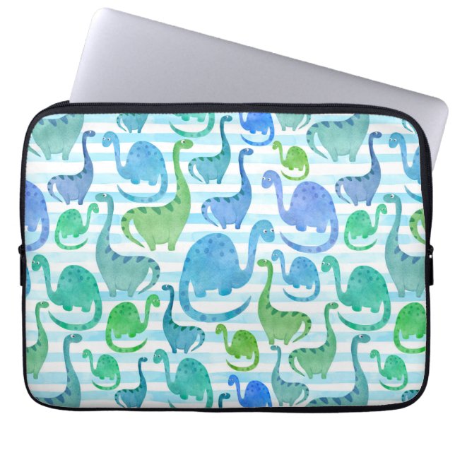 Dino Stripe Waterverf Dinosaurs Schattig Laptop Sleeve (Voorkant)