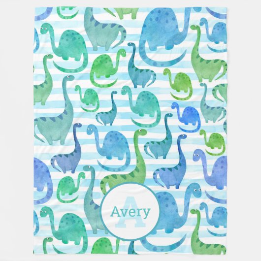 Dino Stripe Waterverf Dinosaurussen, gepersonalise Fleece Deken (Voorkant)