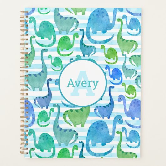 Dino Stripe Waterverf Dinosaurussen, gepersonalise Planner (Voorkant)