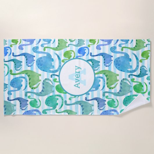 Dino Stripe Waterverf Dinosaurussen, gepersonalise Strandlaken (Voorkant)