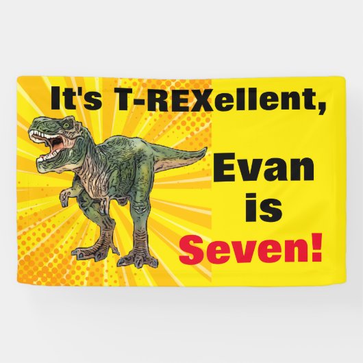 Dino T-Rex Dinosaur 7th Birthday Yellow Name Spandoek (Horizontaal)