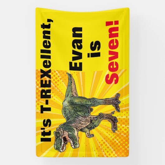 Dino T-Rex Dinosaur 7th Birthday Yellow Name Spandoek (Verticaal)