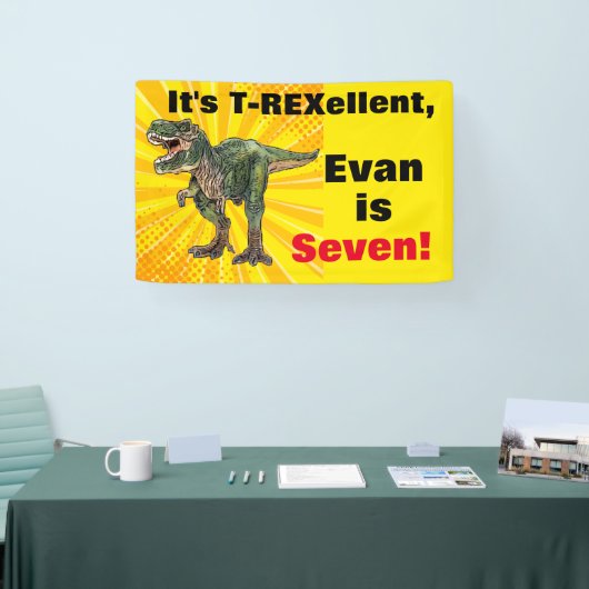 Dino T-Rex Dinosaur 7th Birthday Yellow Name Spandoek (Beurs)