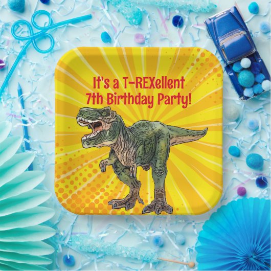 Dino T-Rex Dinosaur Funny Birthday Boy Yellow Papieren Bordje (Feest)