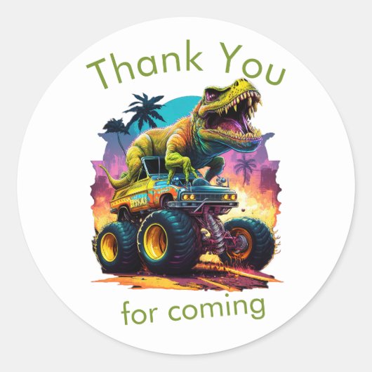 Dino T-Rex Monster Truck, dank je Ronde Sticker (Voorkant)