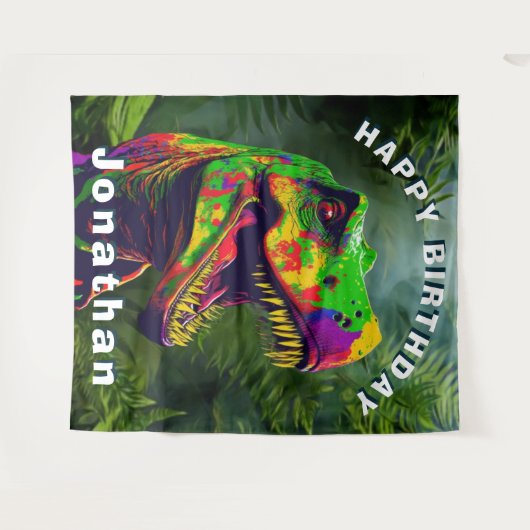 Dino T Rex Oerwoud Happy Birthday achtergrond Wandkleed (Voorkant (horizontaal))