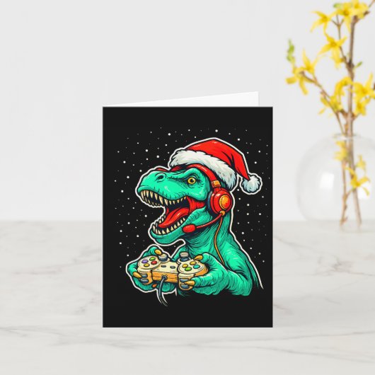 Dino T Rex Speelt Videospel Sinterklaas Hoed Kerst Kaart (Gele Bloem)