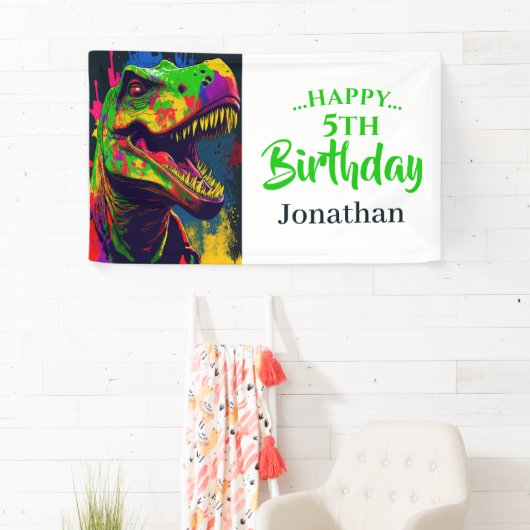 Dino T- Rex Verjaardag Wit Spandoek (Insitu)