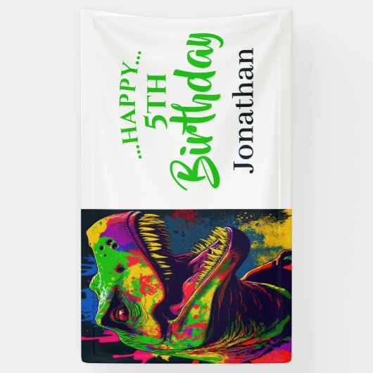 Dino T- Rex Verjaardag Wit Spandoek (Verticaal)