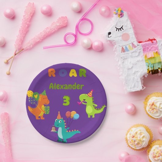 Dino-tastic 3-jarig verjaardagsfeestje papieren bordje (Feest)