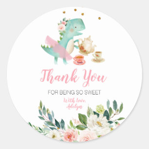 Dino Tea Party Floral bedankt dat je hier bent Ronde Sticker
