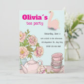 Dino Tea Party verjaardagsuitnodiging voor meisjes Kaart (Staand voorkant)