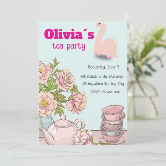 Dino Tea Party verjaardagsuitnodiging voor meisjes Kaart (Staand voorkant)