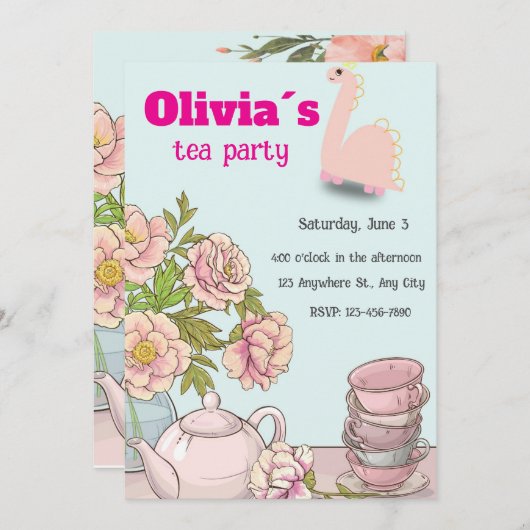 Dino Tea Party verjaardagsuitnodiging voor meisjes Kaart (Voorkant / Achterkant)