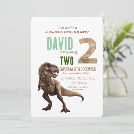 Dino-thema 2e verjaardagsfeestje kaart (Staand voorkant)