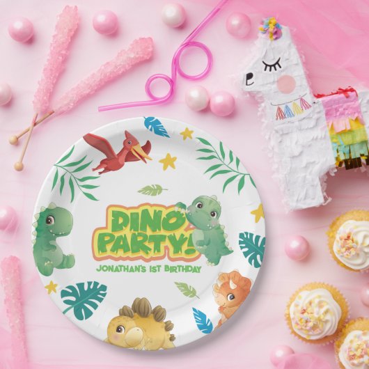 Dino Thema Schattigee Dinosaurus 1e Verjaardagsfee Papieren Bordje (Feest)