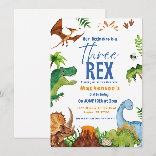 Dino three rex 3rd boy Dinosaur birthday party Kaart (Voorkant / Achterkant)