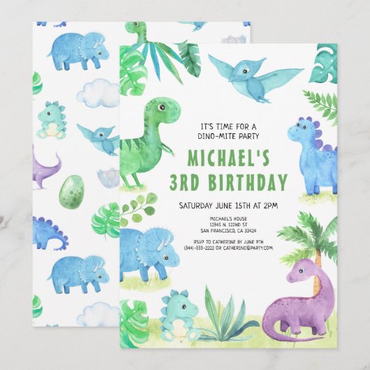 Dino Three Trex Boy 3e Dinosaurus Verjaardag Kaart (Voorkant / Achterkant)