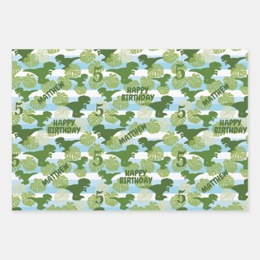 Dino Tropical Birthday Personalized Wrapping Paper (Voorkant)