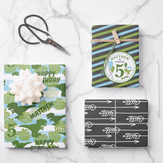 Dino Tropical Birthday Personalized Wrapping Paper (Voorkant)