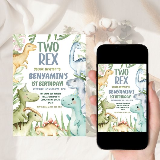 Dino Twee rex Jongen 2de Verjaardagsfeest Uitnodig Kaart