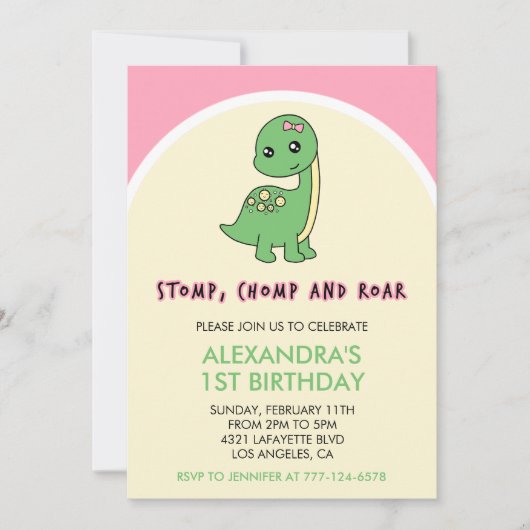 Dino uitnodiging 1e verjaardag stamp chomp brul (Voorkant)