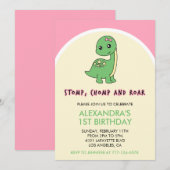 Dino uitnodiging 1e verjaardag stamp chomp brul (Voorkant / Achterkant)
