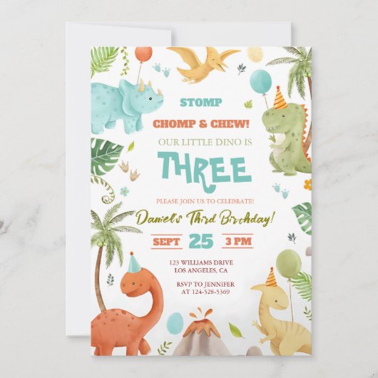 Dino Verjaardag Bash Uitnodiging Fun voor Jongens (Voorkant)