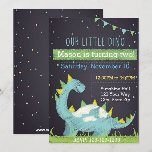 Dino verjaardag uitnodiging (jongen) (Voorkant / Achterkant)