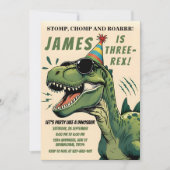 Dino-verjaardagsuitnodiging Stomp Chomp Brul Kinde Kaart (Voorkant)