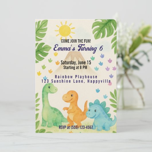Dino verjaardagsuitnodiging voor 6-jarige kaart (Staand voorkant)