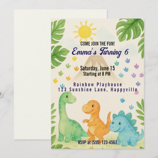 Dino verjaardagsuitnodiging voor 6-jarige kaart (Voorkant / Achterkant)
