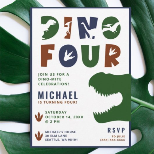 Dino Vier Dinosaurus 4e Verjaardag Feest Uitnodigi Kaart