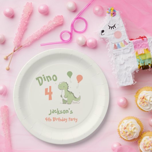 Dino Vier Dinosaurus 4e Verjaardagsfeest Papieren Bordje (Feest)