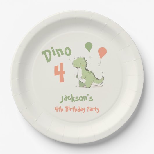 Dino Vier Dinosaurus 4e Verjaardagsfeest Papieren Bordje (Voorkant)