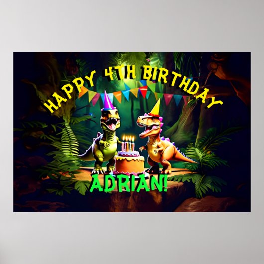 Dino vier dinosaurus happy birthday sjabloon poster (Voorkant)