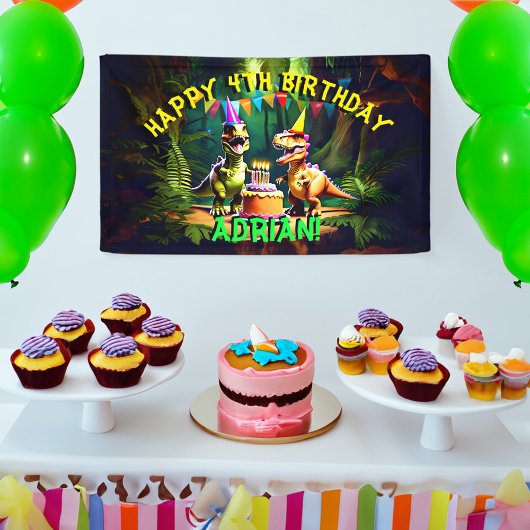 Dino vier dinosaurus happy birthday sjabloon spandoek