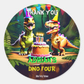 Dino vier dinosaurus verjaardag dank u gunst ronde sticker (Voorkant)