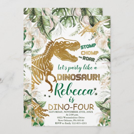 Dino-Vier Dinosaurus Verjaardag, Dino T-Rex Kaart (Voorkant / Achterkant)