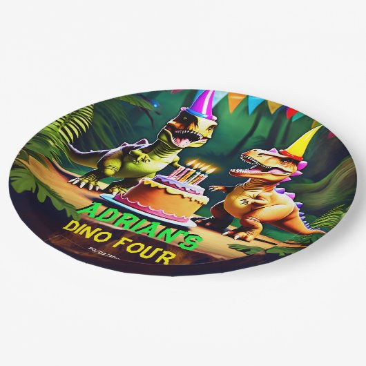 Dino vier dinosaurus verjaardagsservies sjabloon papieren bordje (Gekanteld)