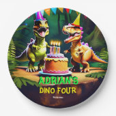 Dino vier dinosaurus verjaardagsservies sjabloon papieren bordje (Voorkant)