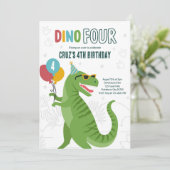 Dino Vier T-Rex Dinosaurus 4e Verjaardagsfeest Kaart (Staand voorkant)
