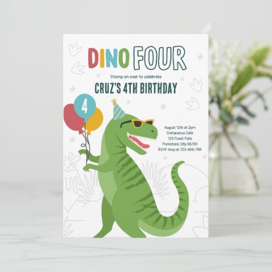 Dino Vier T-Rex Dinosaurus 4e Verjaardagsfeest Kaart (Staand voorkant)