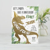 Dino Vier T-Rex Dinosaurus 4e Verjaardagsfeest Kaart (Staand voorkant)