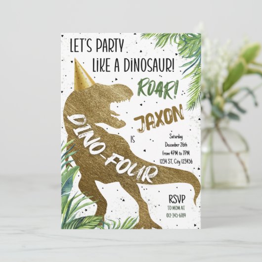 Dino Vier T-Rex Dinosaurus 4e Verjaardagsfeest Kaart (Staand voorkant)