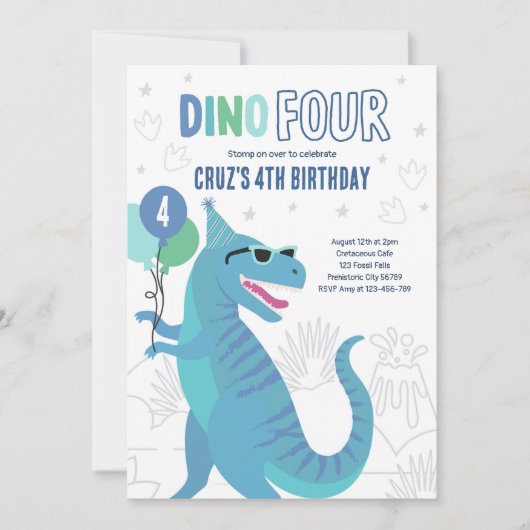 Dino Vier T-Rex Dinosaurus 4e Verjaardagsfeest Kaart (Voorkant)