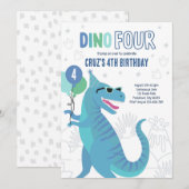 Dino Vier T-Rex Dinosaurus 4e Verjaardagsfeest Kaart (Voorkant / Achterkant)