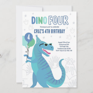 Dino Vier T-Rex Dinosaurus 4e Verjaardagsfeest Kaart